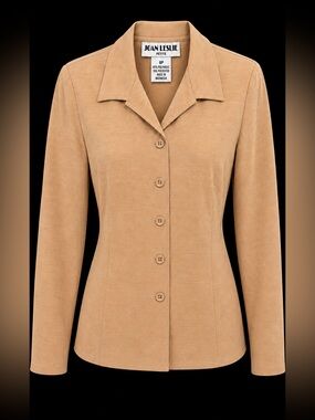 Vintage Joan Leslie Petite 8P Tan Button Front Blouse Jacket 85% Polynosic